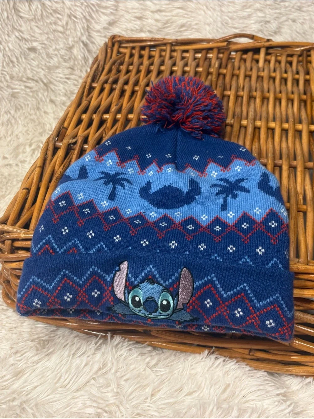 Disney Kids Blue Knit Pom Beanie Hat with Stitch Character